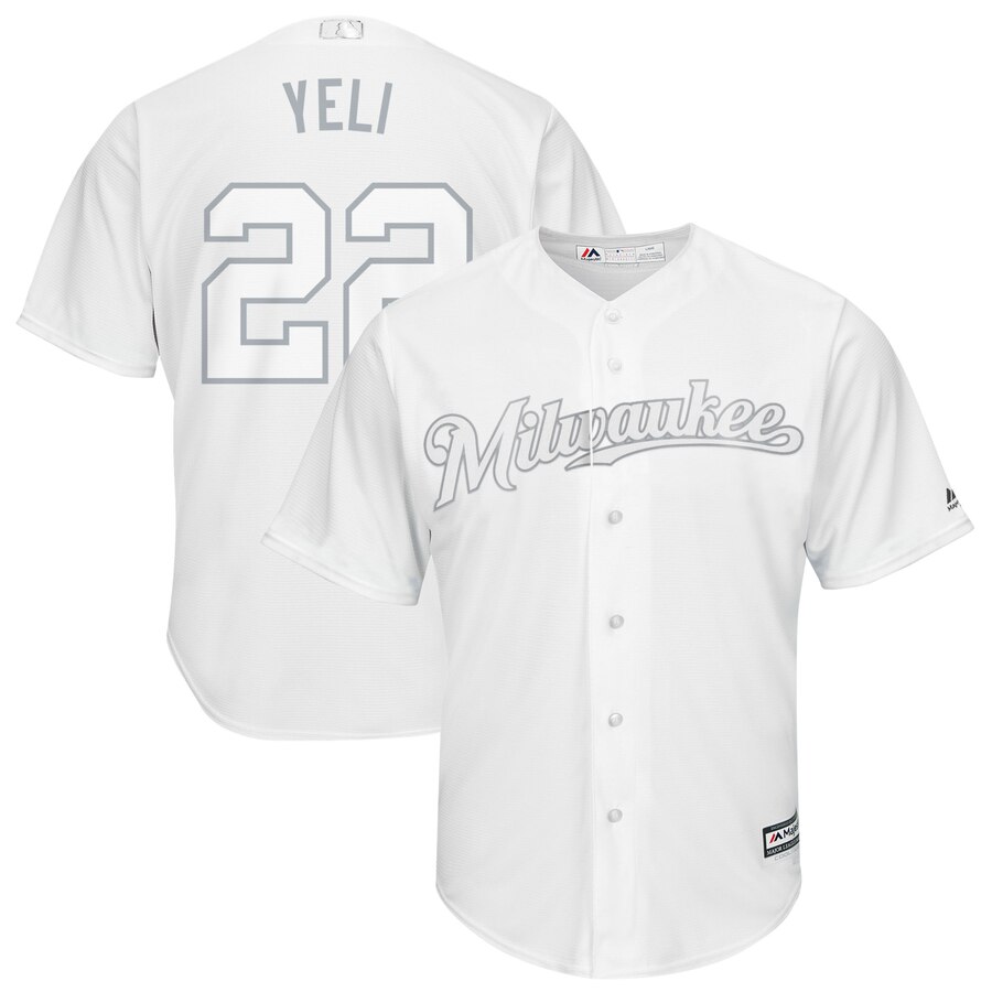 Men's Milwaukee Brewers #22 Christian Yelich "Yeli" Majestic White 2019 Players' Weekend Pick-A-Player Replica Roster Stitched MLB Jersey